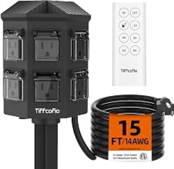 Outdoor Power Strip with 90FT Extension Cord, 100FT Remote Control, Dusk to Dawn Light Timer Waterproof, 6 Grounded Outlets for Yard, Pool and Garden, ETL Listed (15 FT)