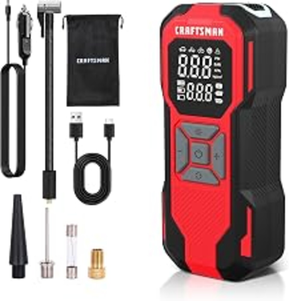 CRAFTSMAN Tire Inflator Portable Air Compressor, Cordless Mini Air Pump for Car Tires with Digital Tire Pressure Gauge, 6000mAh Battery Powered Air Pump, Max Pressure 150 PSI, 12V DC Corded