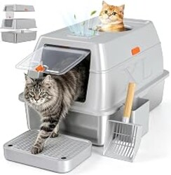 Tevila XL Enclosed Stainless Steel Litter Box with Lid, Light Gray | covered, High Sided, Rustproof & Leak Proof, Easy Clean, Odor Control, Includes Scoop & Step