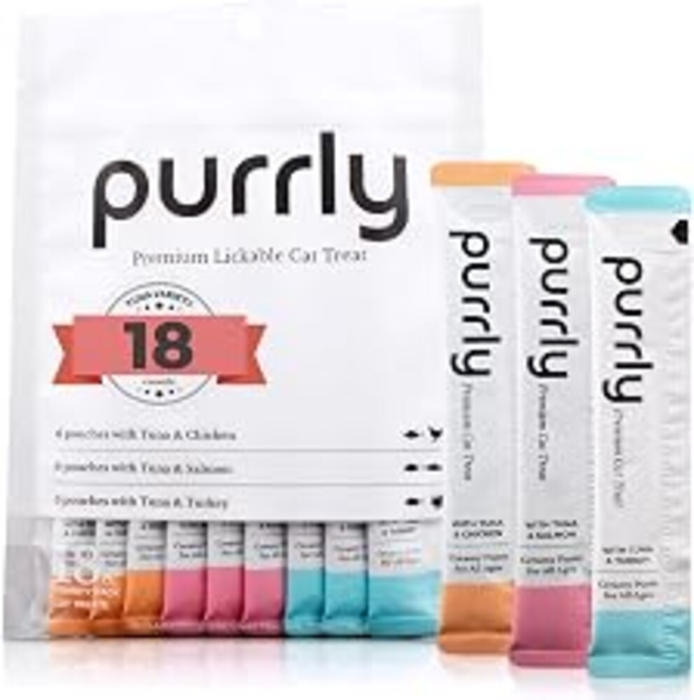 Purrly Cat Treat Snack Wet Lickable Low Calorie Healthy Grain-Free Tuna Variety Packs (18 Count) Squeezable Creamy Purée with Human-Grade Proteins and Functional Nutrients No-Artificial-Additives