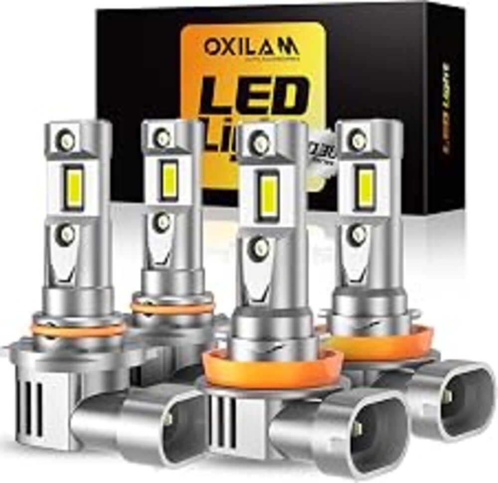 OXILAM H11/H9/H8 9005/HB3 Light Bulbs Combo, 106000LM 1200% Brighter 6500K Cool White, 9005 DRL H11 Fog Halogen Replacement, Pack of 4