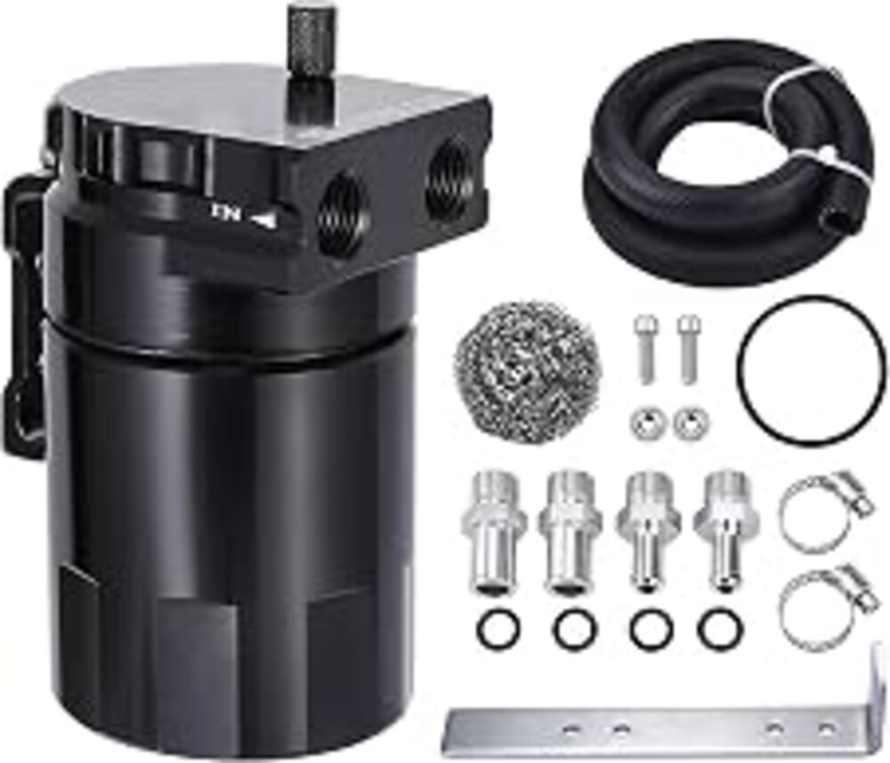 EVIL ENERGY Oil Catch Can, 300ml Baffled Catch Can Kit Universal 2-Port | Aluminum Air Oil Separator with 2.6FT 3/8" ID NBR Fuel Hose 2 Fittings Size, Black