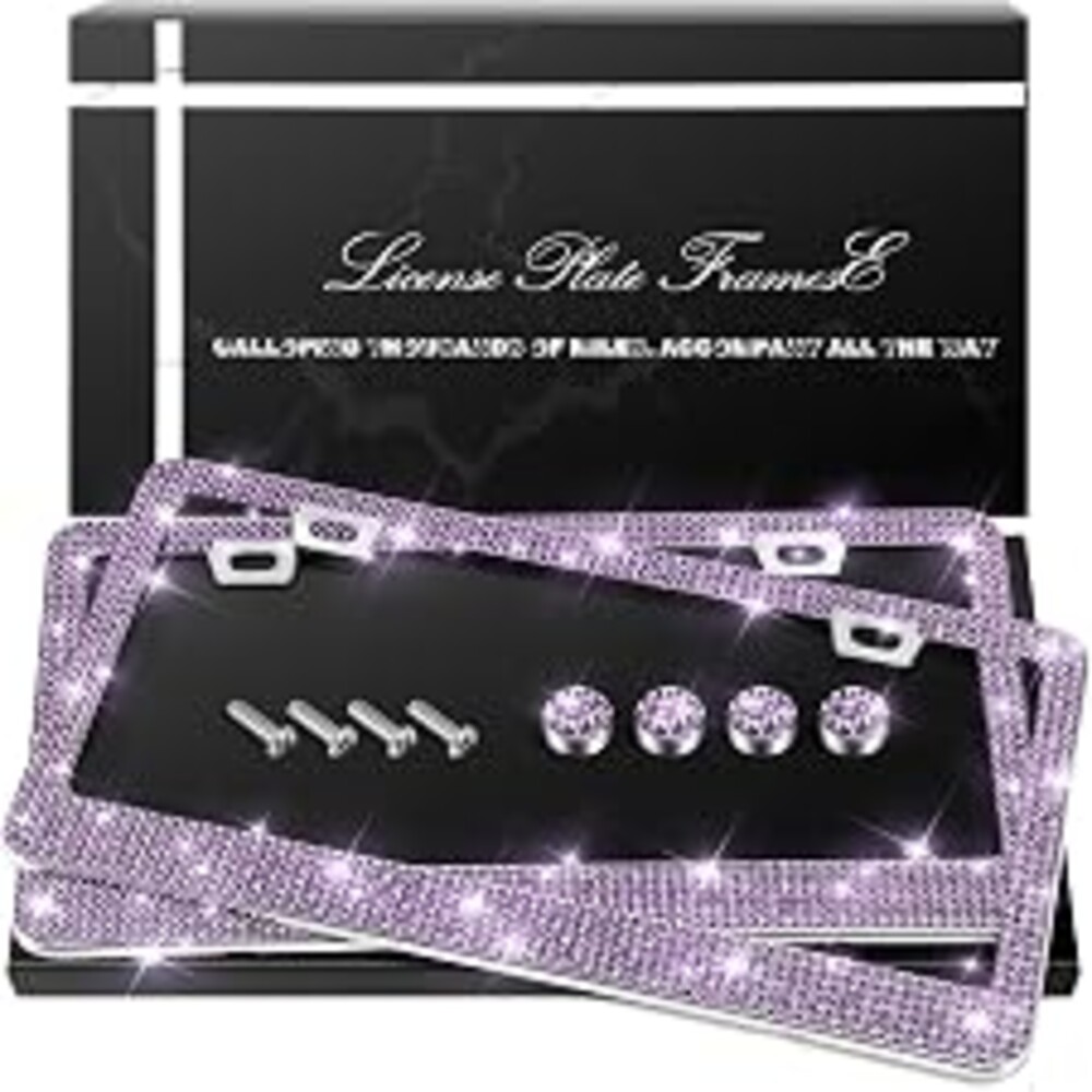 QUANQIUFEI 2 Pack Bling License Plate Frames, Sparkly Rhinestone Diamond Car License Plate Cover for Women, Stainless Steel Car Accessories with Glitter Crystal Caps (Tanzanite)