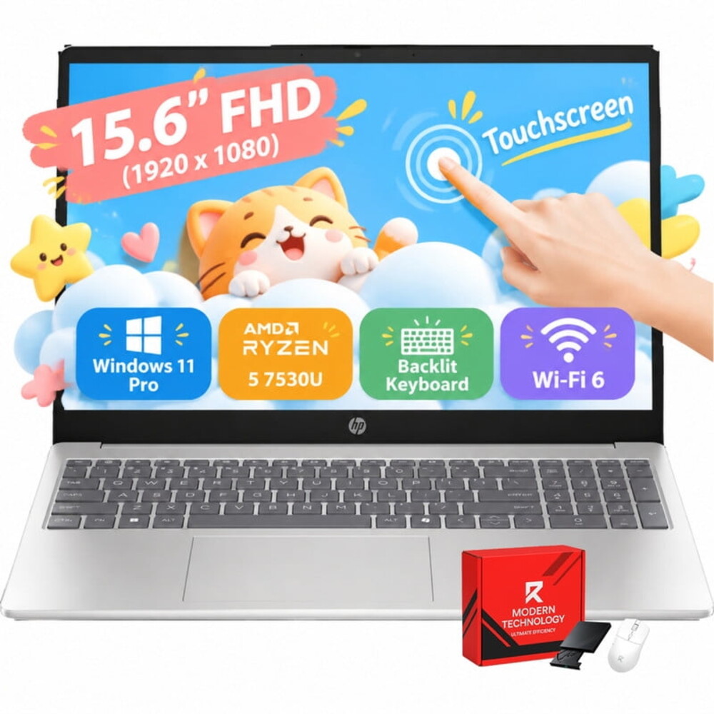 HP 15.6" Laptop Touchscreen for Business and Students, Ryzen 5 7530U, 16GB RAM 1TB SSD, FHD Anti Glare Display, Backlit Keyboard, Windows 11 Pro