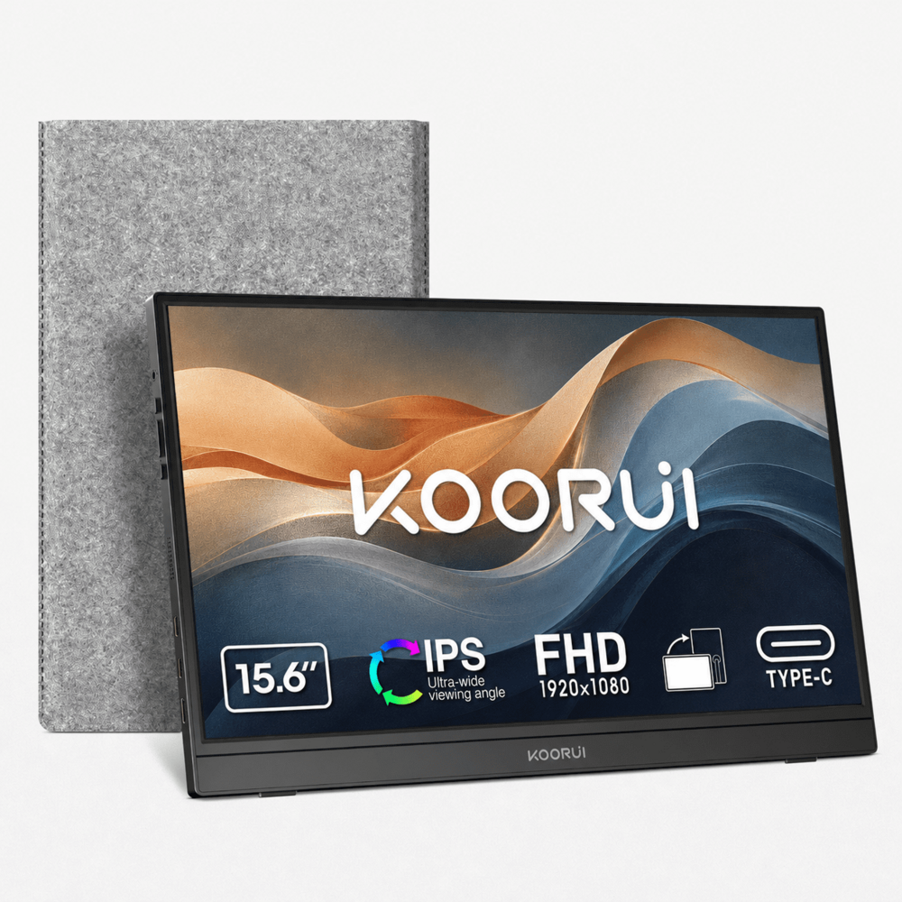 KOORUI 15.6" Portable Monitor for Office, Business, IPS FHD (1920 x 1080) 60Hz, USB-C & mini-HDMI, Speakers, Protective Sleeve, Tilt & Rotate Stand