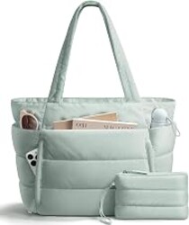 Bagstellar Puffer Tote Bag for Women, Lightweight Puffy Travel Gym Work Bag | 16 Pocket Teacher Nurse Quilted Shoulder Handbag Large Cloud Carry On 15.6" Laptop Computer Purse for School Nursing Clinical