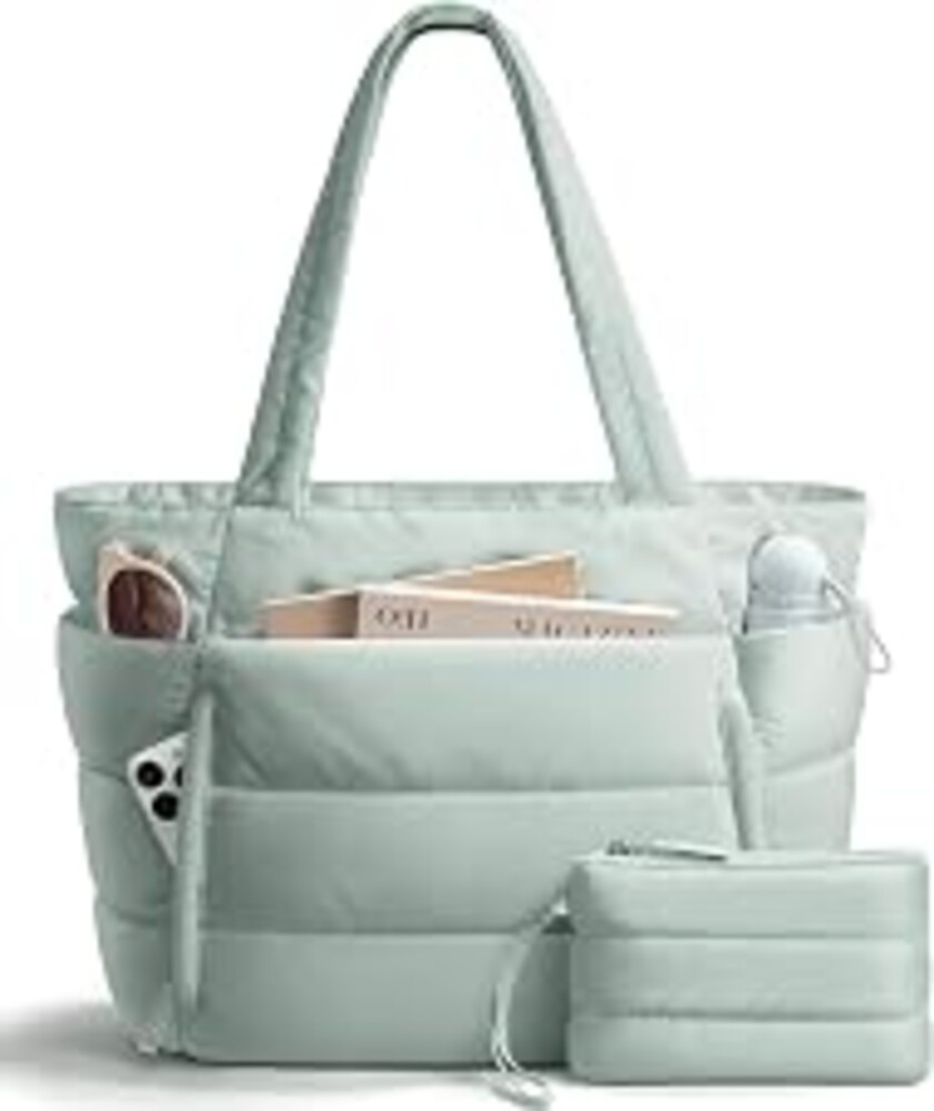 Bagstellar Puffer Tote Bag for Women, Lightweight Puffy Travel Gym Work Bag | 16 Pocket Teacher Nurse Quilted Shoulder Handbag Large Cloud Carry On 15.6" Laptop Computer Purse for School Nursing Clinical