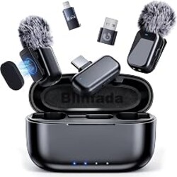 Blinfada Mini Wireless Lavalier Microphone for iPhone Android Camera, Dual Channel Wireless Microphones with AI Noise Cancellation, 328ft Range, 36H Battery Case, Type-C, Lightning & USB Plug & Play