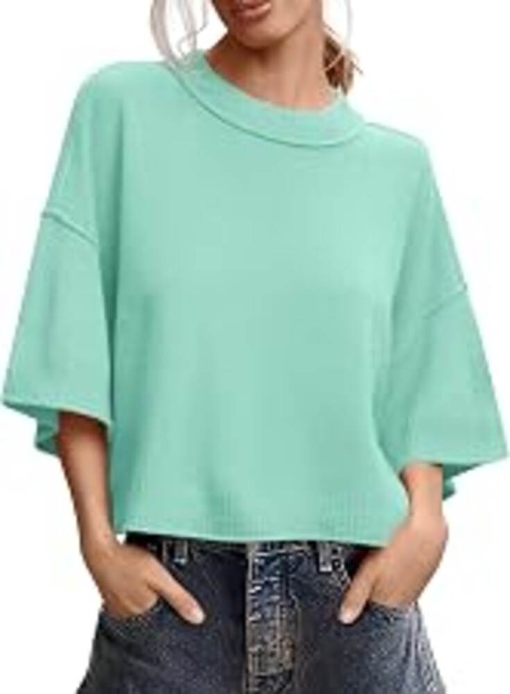 Saodimallsu Womens Short Sleeve Sweater Oversized Cropped Sweaters Knit Top | Summer,Casual,Crew Neck,Lightweight,Striped,Loose,Half Sleeve,Business Casual,Work,Basic T Shirts,Seam,Spring,Going Out