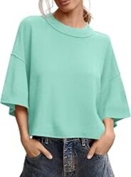 Saodimallsu Womens Short Sleeve Sweater Oversized Cropped Sweaters Knit Top | Summer,Casual,Crew Neck,Lightweight,Striped,Loose,Half Sleeve,Business Casual,Work,Basic T Shirts,Seam,Spring,Going Out