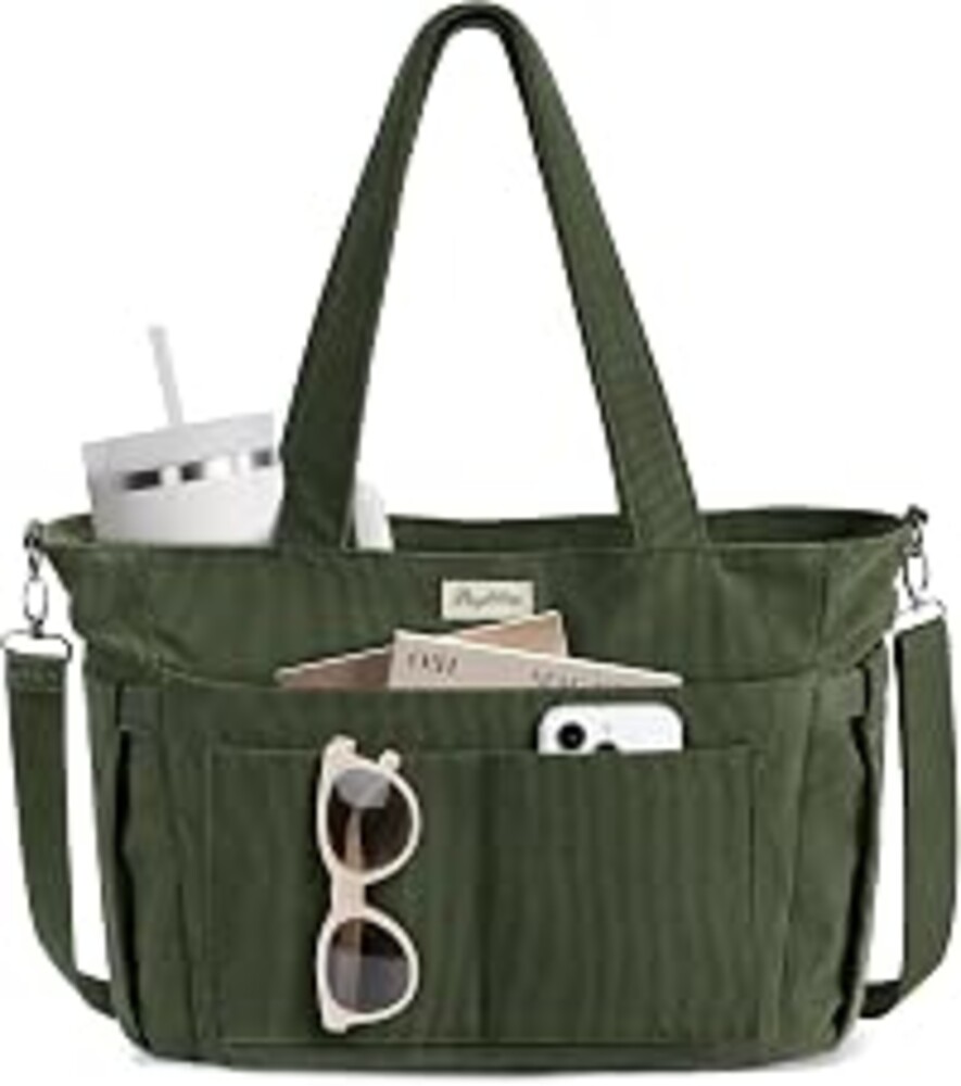 Bagstellar Corduroy Tote Bag for Women, 17 Pockets Laptop Work Tote Purse | Large 15.6” Computer Bag w/ 40oz Cup Holder & Strap, Zipper Teacher Nurse Bible Shoulder Bag for School Travel College Office
