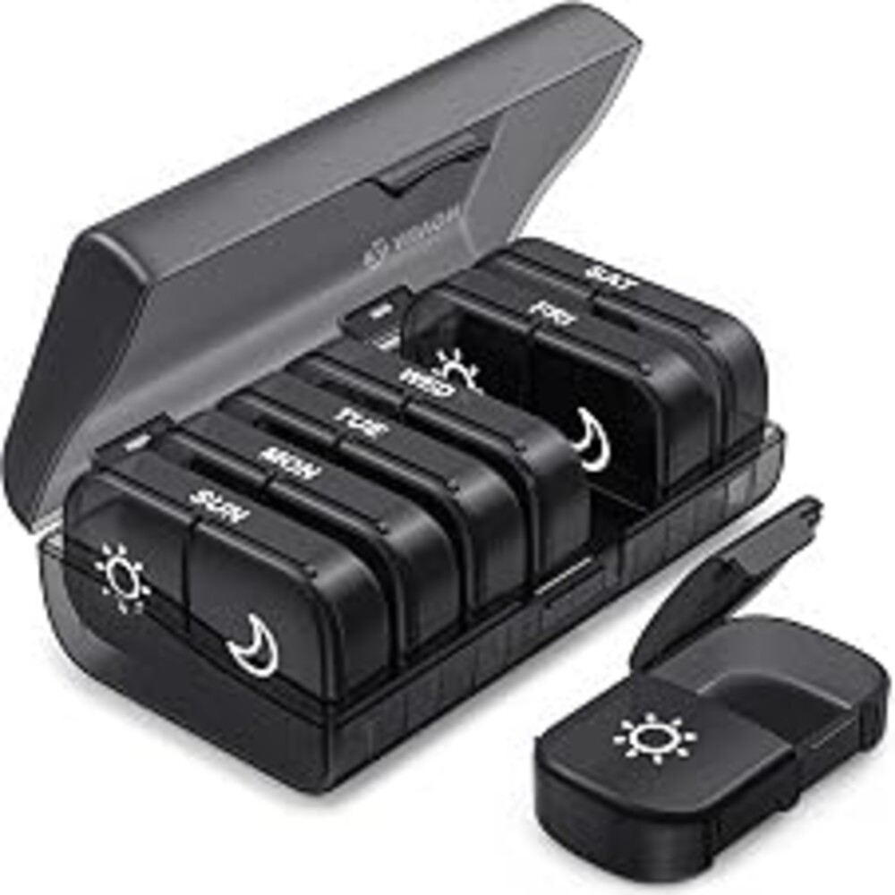 AUVON Weekly Pill Organizer 2 Times a Day, One-Side Large Opening, Easy‑Use | AM PM Pill Case, XL Pill Box 7 Day, Travel Medication Organizer for Medication, Vitamins, Fish Oils, Supplements, Black