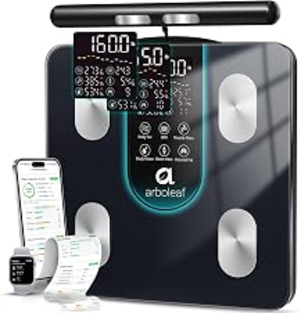 arboleaf Smart Scale for Body Weight, Dual-Frequency 8-Electrode BIA | 7-in-1 display shows key stats fast; App unlocks 50+ metrics, trend charts, family profiles, plus data syncing and reports