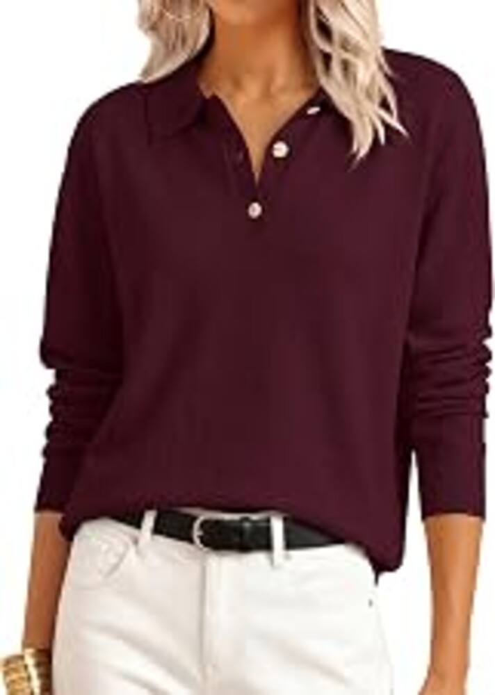 ANRABESS Sweaters for Women Polo Collared Knit Long Sleeve Pullover | Soft Lightweight Cozy Feel, V Neck Button Shirts, Business Casual & Office Clothes, Fall Winter Dressy Wear