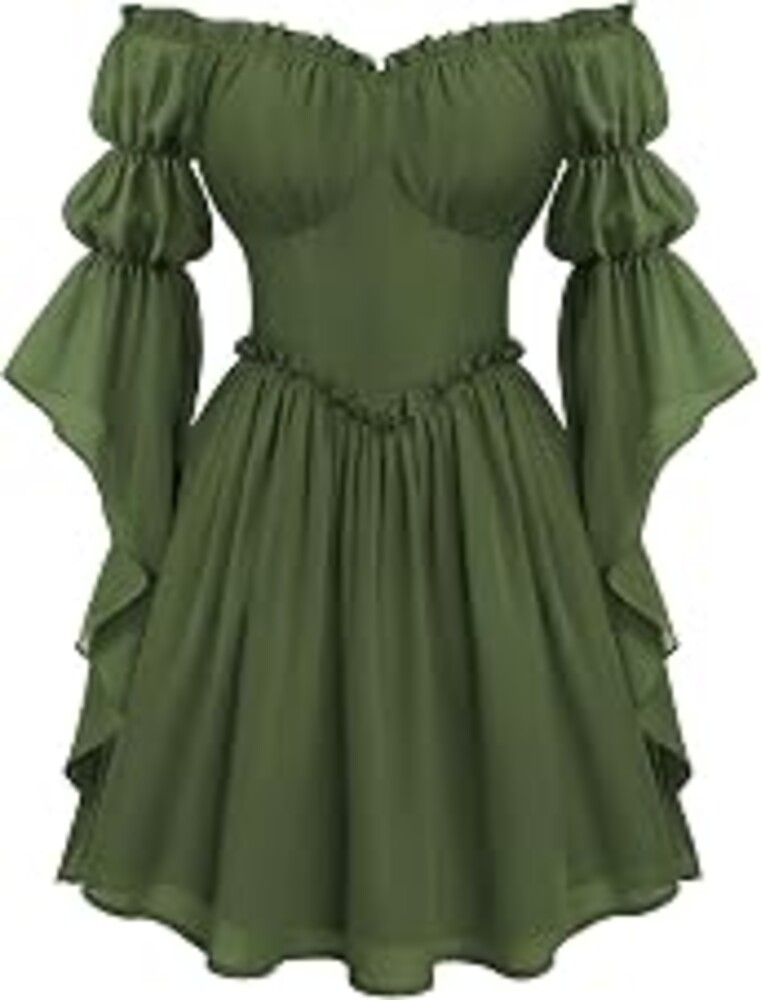 Scarlet Darkness Renaissance Dress Women Off Shoulder Pirate Fairy Costume | For Halloween, Ren Faire, Medieval Theme Party. Pockets, Long Sleeves, Corset Waist, Chiffon. Suitable for Adult Ladies