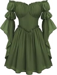 Scarlet Darkness Renaissance Dress Women Off Shoulder Pirate Fairy Costume | For Halloween, Ren Faire, Medieval Theme Party. Pockets, Long Sleeves, Corset Waist, Chiffon. Suitable for Adult Ladies