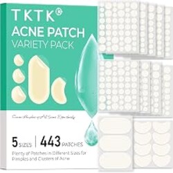 TKTK 443 Count Pimple Patches for Face, Hydrocolloid Acne Cover Patch Bulk | Pimple Stickers for Cheeks, Forehead, Chin Blemishes Zit & Breakouts, All Skin Types, Dots, Strips, Contoured 5 Sizes Variety