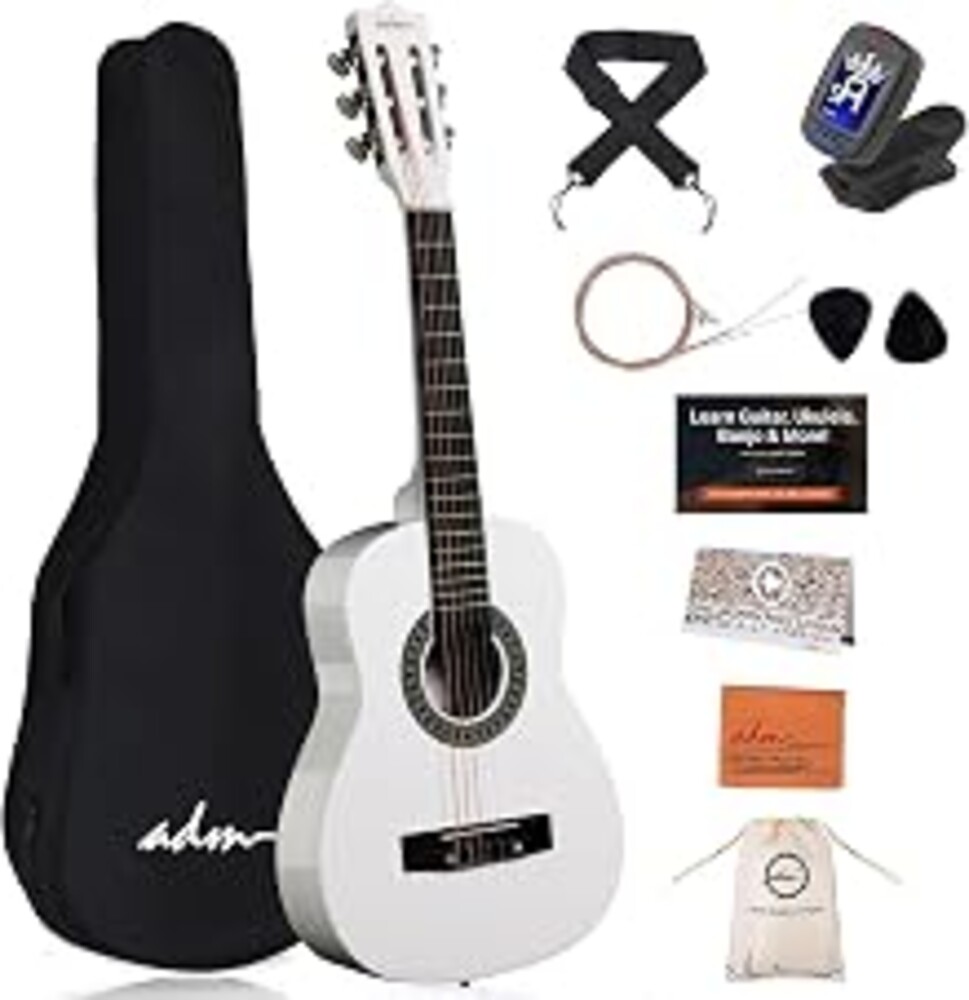 ADM Beginner Acoustic Classical Guitar Nylon Strings Wooden Guitar Bundle Kit for Kid Boy Girl Student Youth Guitarra Online Lessons with Gig Bag, Strap, Tuner, Picks (30 Inch, White)