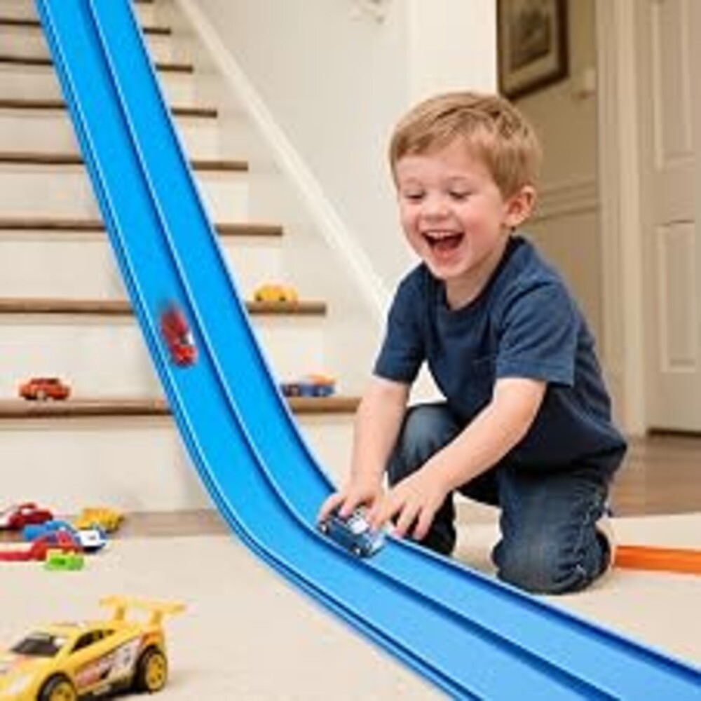INKZOO Flex Tracks 15 Ft Starter Set Flexible Race Track for Kids 3+, Flexible Car Track Race Car Ramp Track Compatible with Diecast 1/64th Cars, Portable Rolls Up Race Tracks with Strong Suction Cups