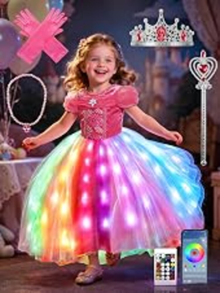 UPORPOR Light Up Princess dress up for 3-9 Ages girls Halloween Costume | 5-6h Long-lasting Play, controllable dynamic light, handle App Control princess dress for birthday, cosplay, Christmas, Gift