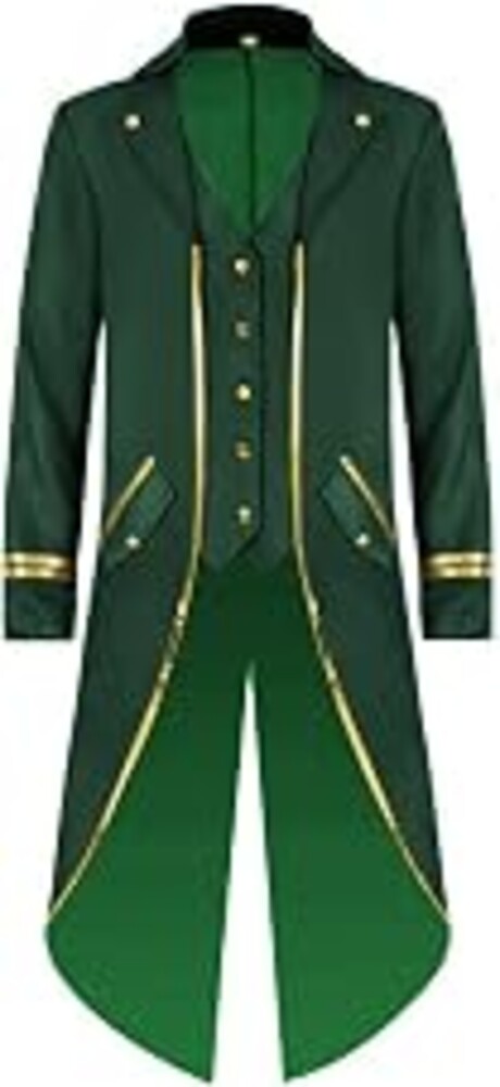 Men's Steampunk Gothic Victorian Tailcoat Jacket Vampire Halloween Costume | Gothic Vampire Tailcoat With Gold Trim, Stand Collar, and Elegant Button Design. Ideal for Halloween, Cosplay, and Parties