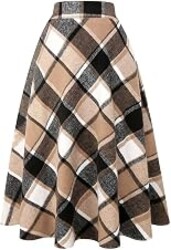 IDEALSANXUN Womens Plaid Wool Skirts Elastic Waist A-Line Pleated Tartan Long Skirts