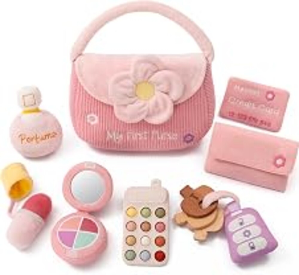 let's make My First Baby Purse, 10 Pcs Sensory Toy for Baby & Toddler Girls | Teether Phone, Wooden Keys & Car Key, Soft Baby Purse with Mirror & Crinkle Card, Sensory Pretend Play, 1 Year Old Girl Gifts