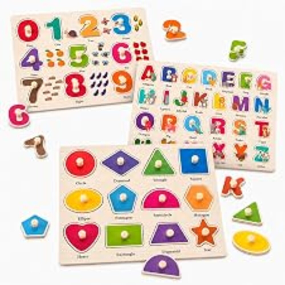 Wooden Peg Puzzles for Kids Ages 3-5, 3 Pack Large ABC Number Shape Toys | Large wooden knob puzzle set with ABC letters, numbers and shapes for preschool learning, matching and fine motor skills.