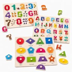 Wooden Peg Puzzles for Kids Ages 3-5, 3 Pack Large ABC Number Shape Toys | Large wooden knob puzzle set with ABC letters, numbers and shapes for preschool learning, matching and fine motor skills.