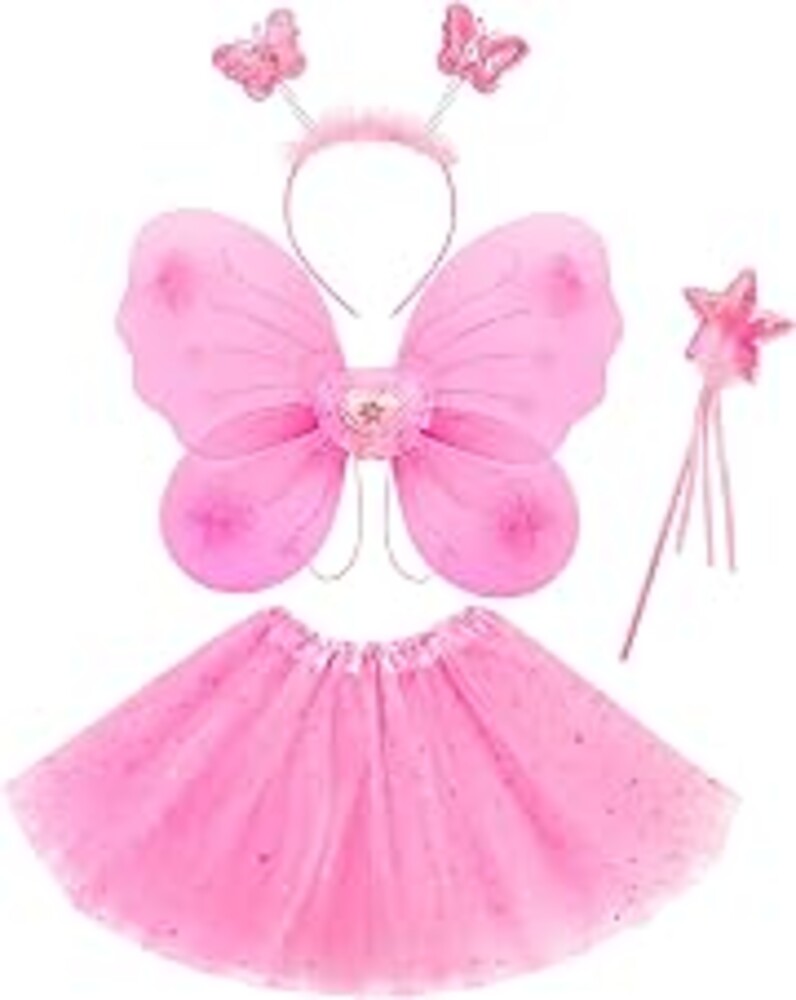 Lainlight 4 Pcs Butterfly Fairy Costume for Girls Kids Princess Cosplay Costume Set with Wings, Tutu Skirt, Wand for Girls 3-8 Years Pink