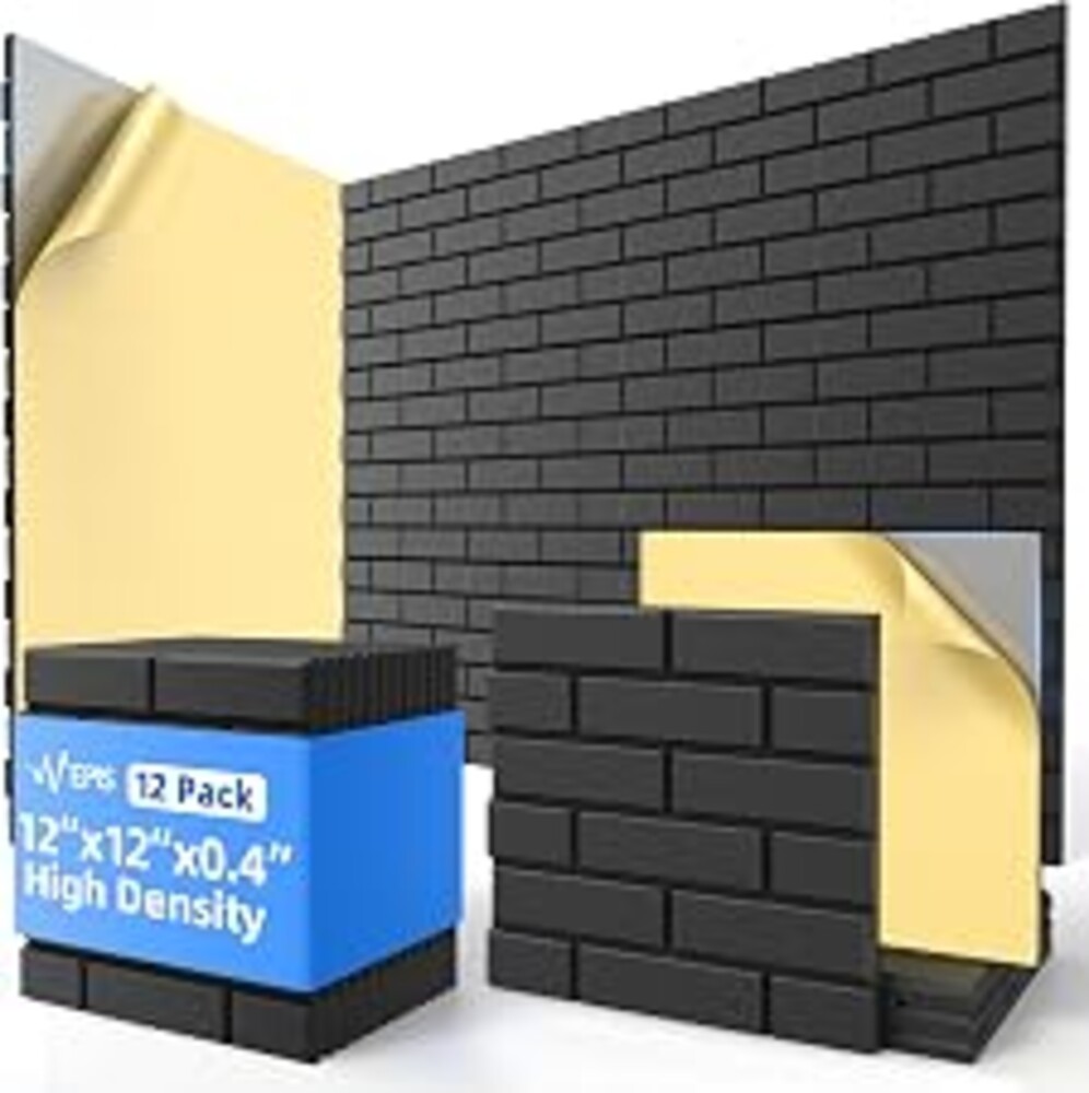 12 Pack Acoustic Panels with Self Adhesive Sound Proof Foam Panels for Wall | 12" X 12" X 0.4" High Density Soundproof Wall Panels, Brick Sound Absorbing Panels for Home Studio Office Decor - Black