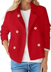 Fisoew Womens Sweatshirt Blazer Crop Double Breasted Button Suit Jacket | Open Front ,Long Sleeve , Business Overcoat,Fall Coat,Dressy Casual,Collar Lapel, Front Pockets,Office Jacket,Treach Coat,