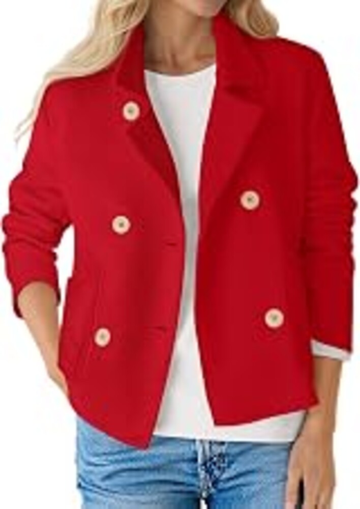 Fisoew Womens Sweatshirt Blazer Crop Double Breasted Button Suit Jacket | Open Front ,Long Sleeve , Business Overcoat,Fall Coat,Dressy Casual,Collar Lapel, Front Pockets,Office Jacket,Treach Coat,