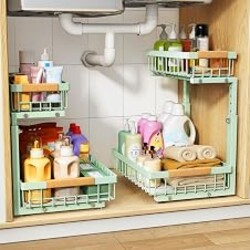 PXRACK Under Sink Organizer, Adjustable Height, 2 Tier Pull Out Under Cabinet Organizer, Slide Out Thickened Metal Under Sink Storage for Kitchen Bathroom Laundry Pantry Cabinet, Green, Large-2-Pack