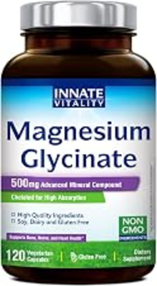 Innate Vitality Magnesium Glycinate 500mg | 70mg Elemental Magnesium Supplement - High Absorption, Non Buffered, Non-GMO & No Gluten - Vegan - 120 Capsules (Pack of 1)