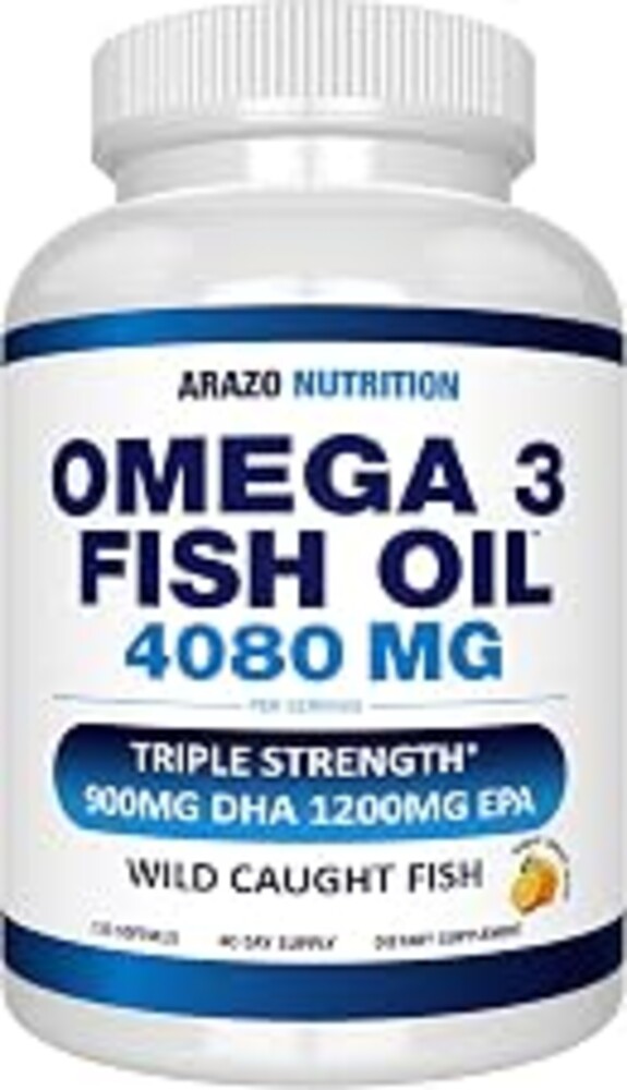 Arazo Nutrition Wild Caught Omega-3 Fish Oil Concentrate – 4,080mg per Serving – High EPA 1200mg & DHA 900mg – 120 Burpless Lemon Softgels