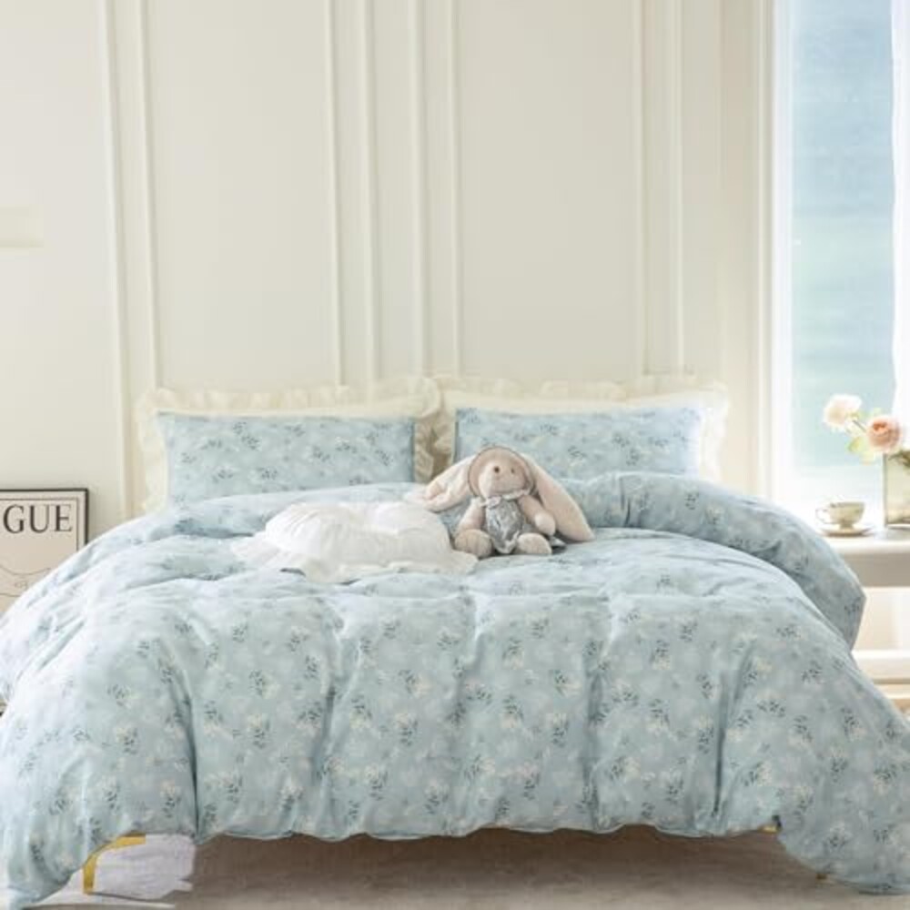 TISPLR Floral Duvet Cover Queen, Brushed Microfiber 3 Pieces Bedding Set, Garden Style Blue Floral Queen Duvet Cover Flower, with Zipper Closure, Luxury Soft Breathable Comfy