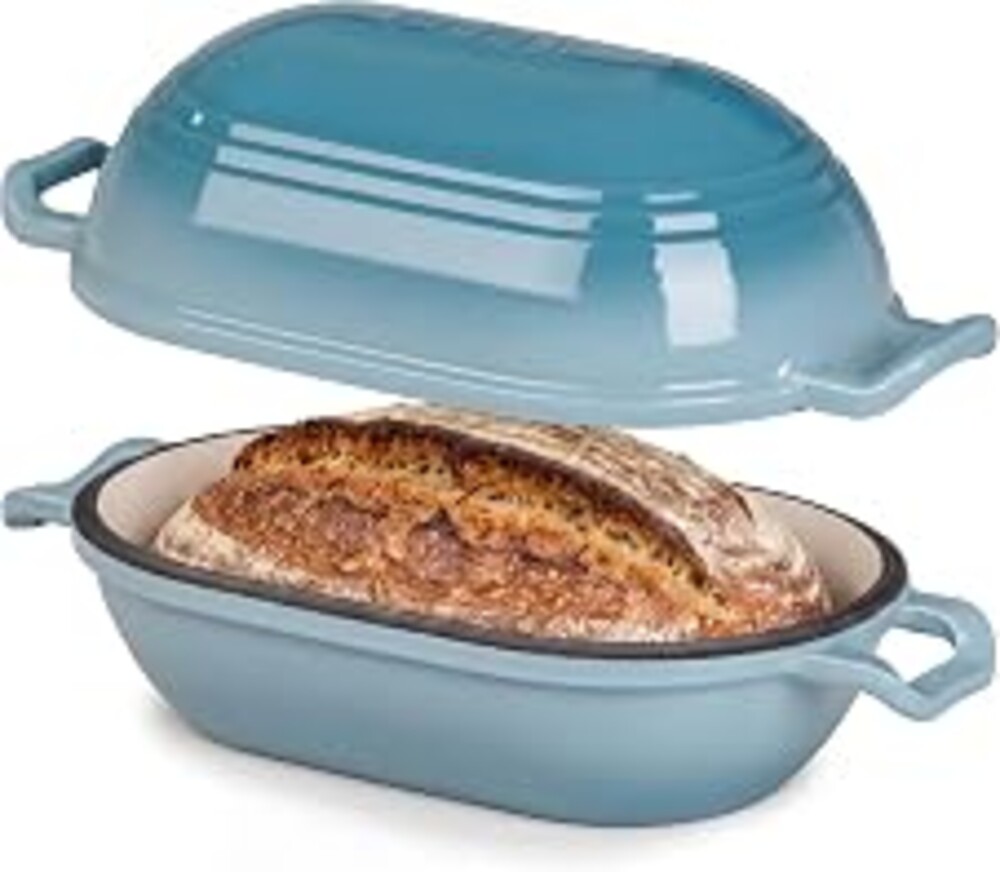 Enameled Cast Iron Dutch Oven for Sourdough Bread Baking,11 x 7 Inch Oval Cast Iron Bread Pan with Lid,Dutch Oven for Homemade Sourdough Baking,5 QT Meatloaf Pan,Oven Safe(Ocean Blue)