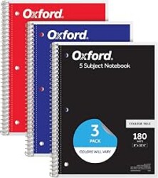 Oxford Spiral Notebooks, 3 Pack, 5 Subject, College Ruled Notebooks for School, 8 x 10.5 Inches, 180 Sheets, 4 Dividers, Assorted Colors, Back to School Supplies (65203)