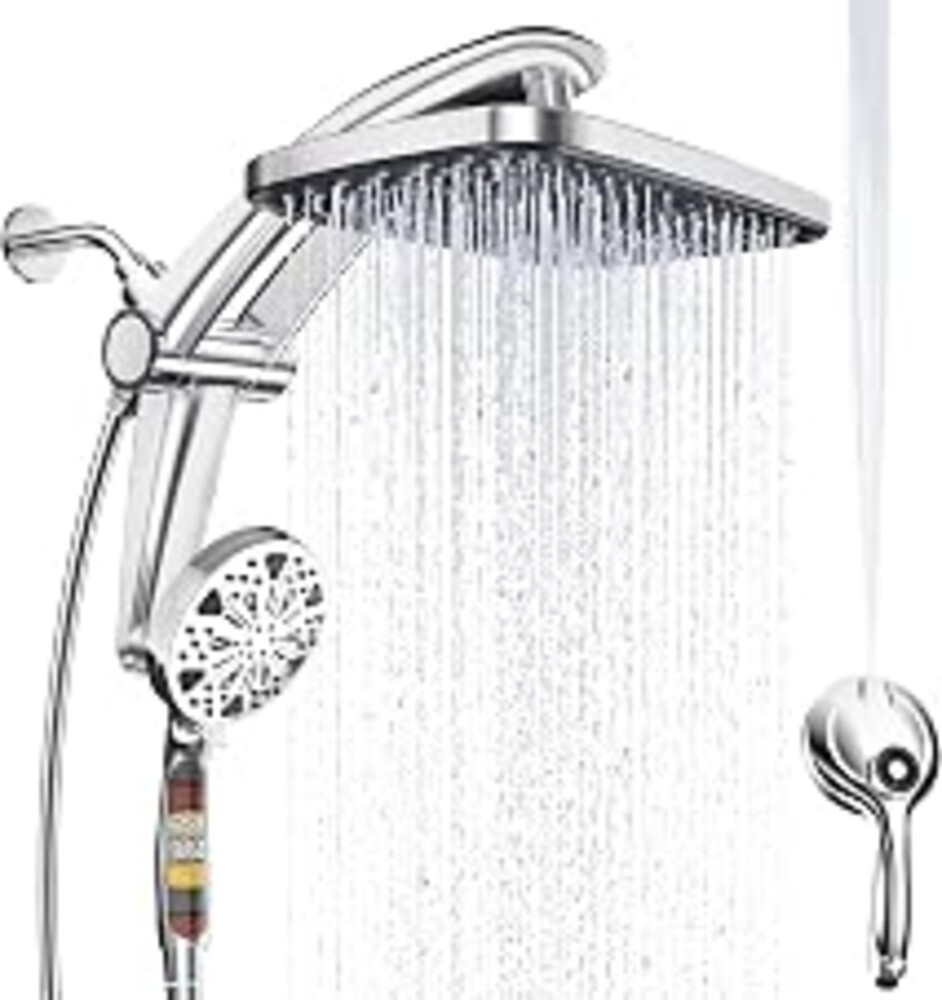 12-Inch High Pressure Rain Shower Head with Handheld Spray Combo, Magnetic | Dual shower heads; one-piece bracket adjusts height and angle; 9 settings: 8 sprays + 1 Power Jet for cleaning; easy install
