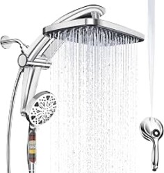 12-Inch High Pressure Rain Shower Head with Handheld Spray Combo, Magnetic | Dual shower heads; one-piece bracket adjusts height and angle; 9 settings: 8 sprays + 1 Power Jet for cleaning; easy install