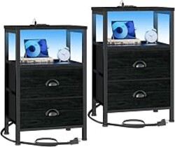 Furologee Nightstand Set of 2 with LED Lights, Charging Station, Black Oak | Night Stand Set 2 with USB & Outlets, Side Table with Storage, Industrial End Table, for Living Room/Bedroom, Dorm