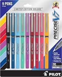 PILOT Precise V7 Rollerball Pens, 0.7mm, Limited Edition Assorted, 9-Pack | Colorful notes, limited edition assorted ink pens for school and work, fine point, liquid ink rolling ball stick pens