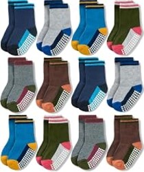 Baby Toddlers Crew Socks with Non-Slip Grip 12 Pack Cotton Stretch Socks | Soft Breathable Cotton, Non-Slip Sole Grips, for Hardwood/Tile Crawling, Walking, Daycare
