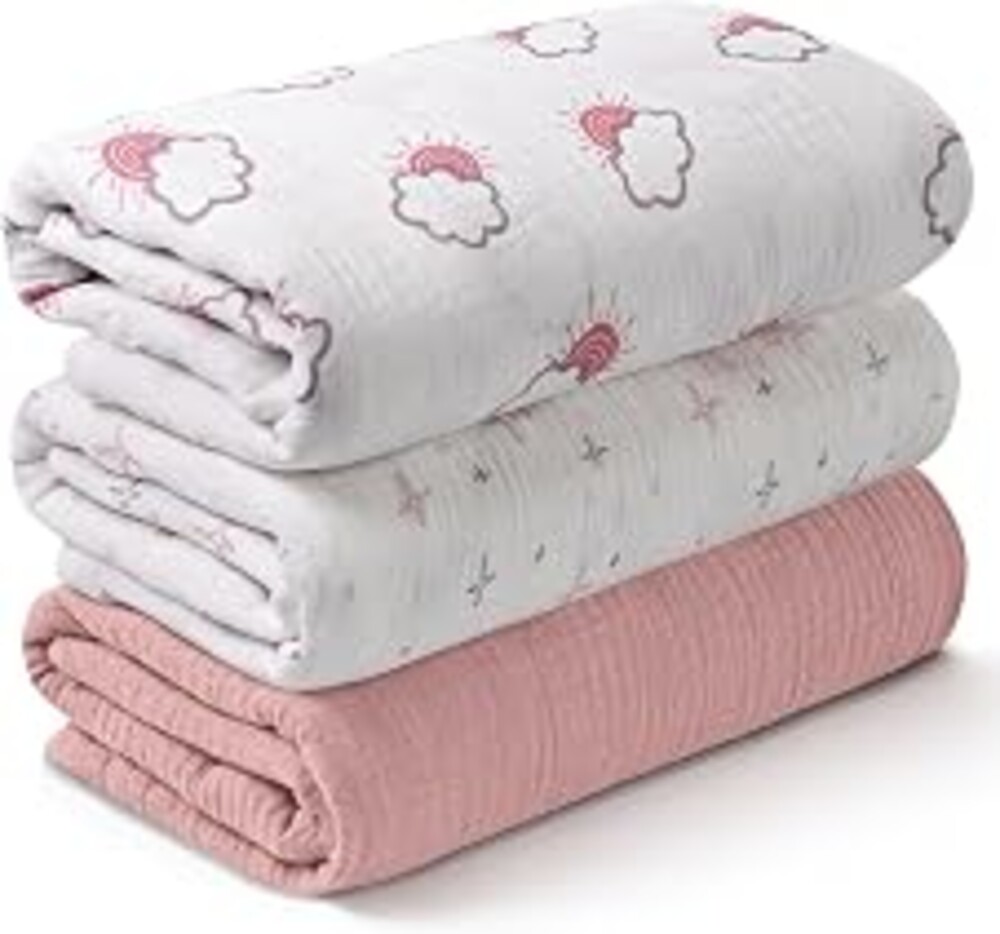 Muslin Swaddle Blankets for Newborn, 3 Pack Breathable Soft Receiving Blanket, Large 38 x 40 inches Swaddle Wrap Burping Clothes Diapers, Essentials Infant Shower Items, Toddler Gift (Clouds & Stars)