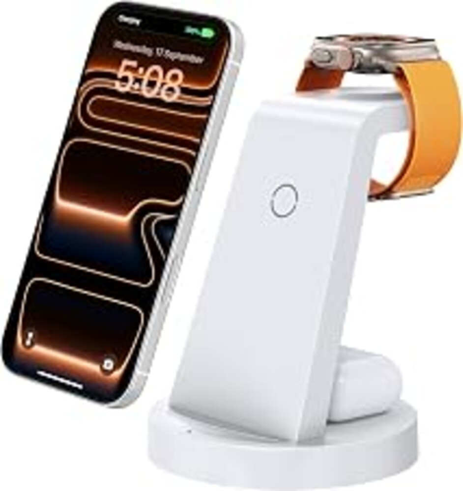 Anlmz 3 in 1 Charging Station - Wireless Charger for Apple Multiple Devices | Fast Charge Stand for iPhone 17-8 iWatch Airpods 4 3 Pro No Tangled Cables Ideal for Desk Bedside with 18W Adapter White