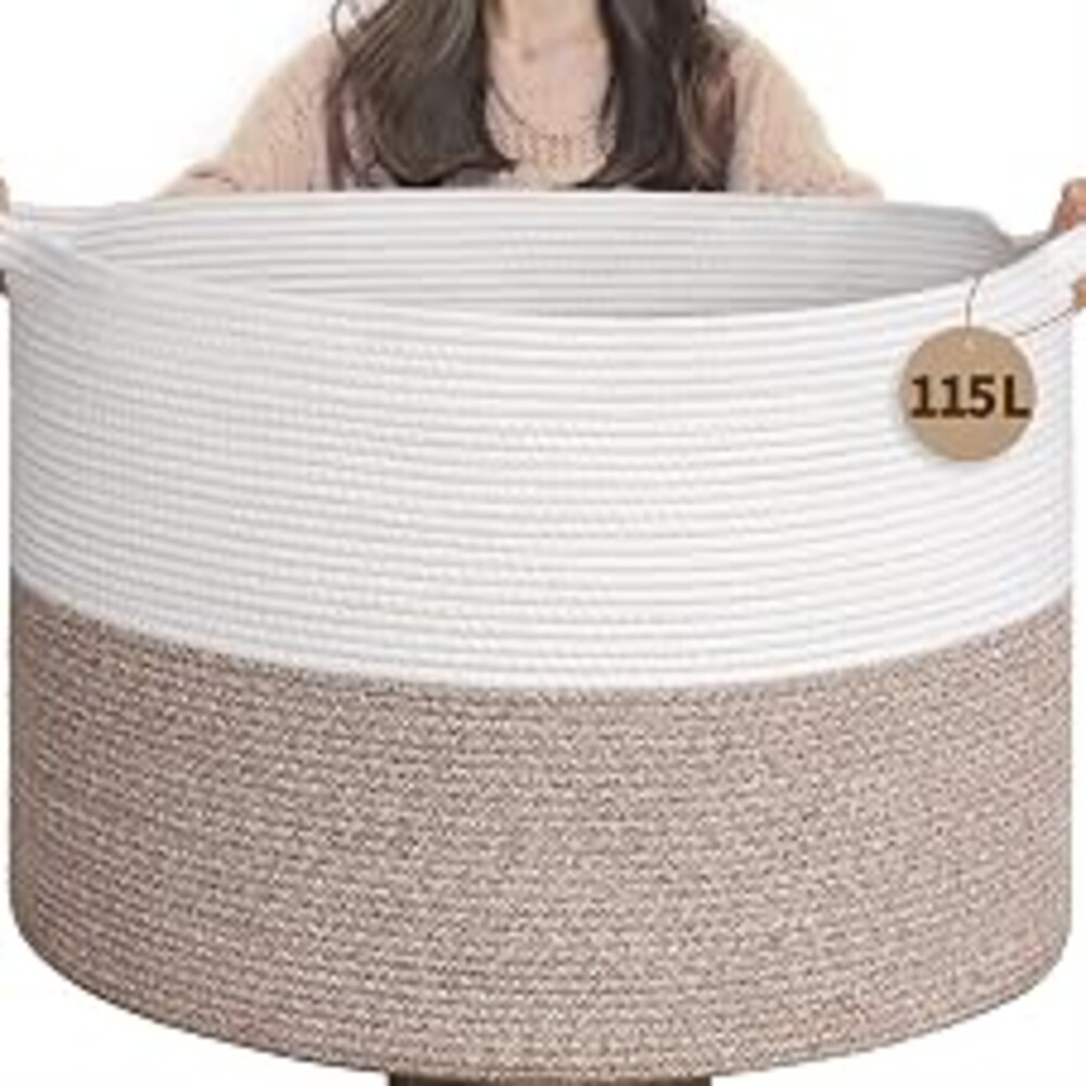 INDRESSME 115L Extra Large Woven Rope Blanket Basket Living Room, Brown | 23.6" x 15.7" Storage baskets for toys laundry & pillows. Fits living room, bedroom or nursery décor. Soft-touch with handles