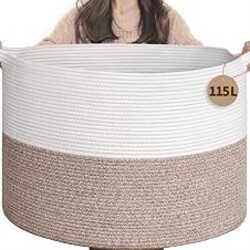 INDRESSME 115L Extra Large Woven Rope Blanket Basket Living Room, Brown | 23.6" x 15.7" Storage baskets for toys laundry & pillows. Fits living room, bedroom or nursery décor. Soft-touch with handles