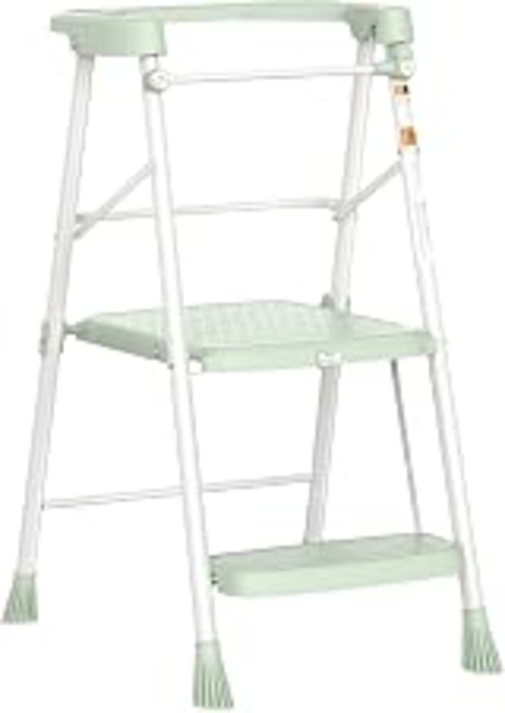 HBTower Kids 2 Steps Step Stool, Foldable Toddler Tower with Safety Railing | Toddler Kitchen Stool & Counter Height Learning Helper, Sturdy Metal Frame, Anti-Slip Feet, Compact Folding Stepper, Green