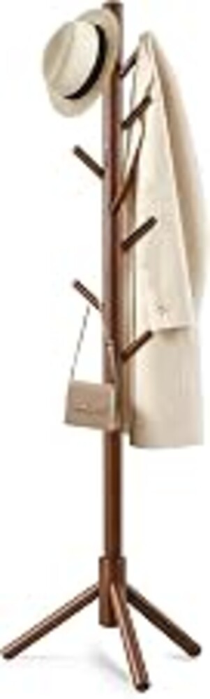 Freyawin Wooden Coat Rack Freestanding with 8 Hooks & 3 Adjustable Sizes for Clothes, Space-Saving Design for Bedroom Office Entrance Holds Hats Coats Scarves Bags